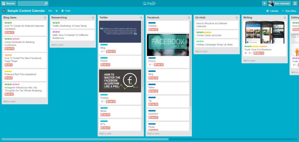 Esempio calendario editoriale in Trello